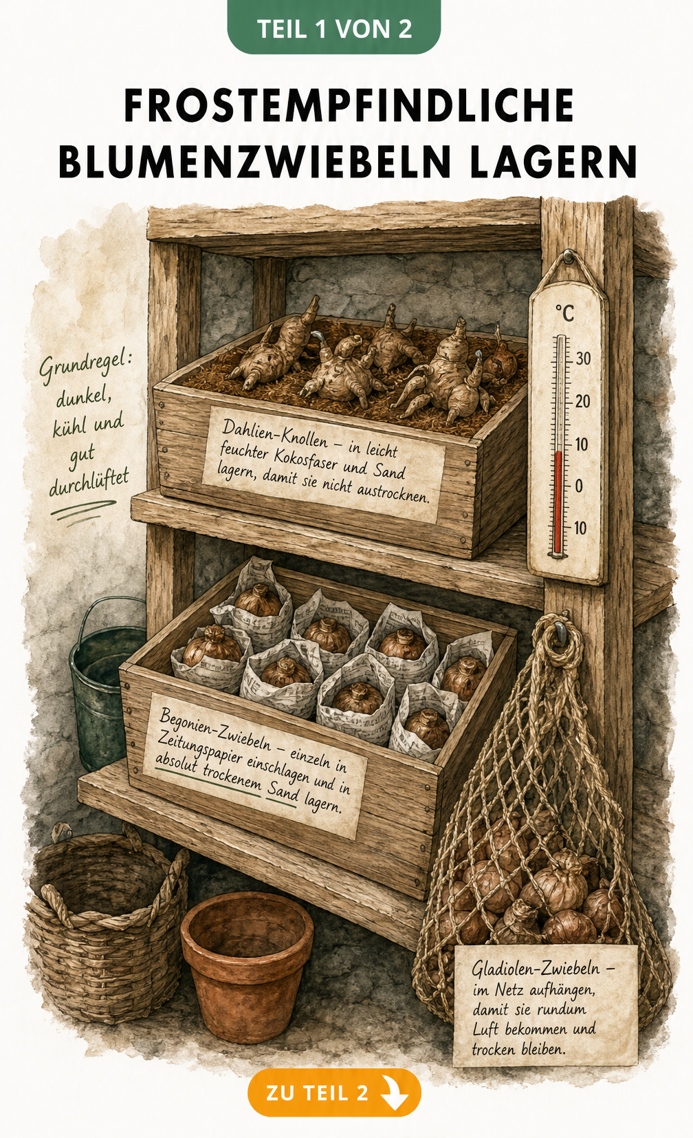 Querschnitt eines Holzregals im Keller, das die Lagerung von Dahlien, Begonien und Gladiolen bei 5 bis 10 Grad Celsius zeigt.