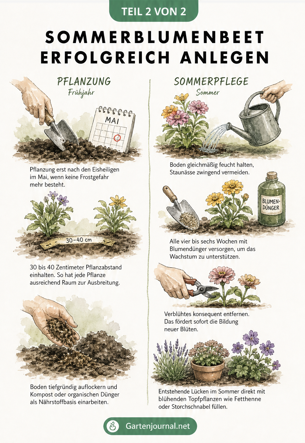 Illustration zur Pflanzung und Pflege eines Sommerblumenbeets: Pflanzabstände messen, Boden auflockern, richtig gießen und verblühte Blüten entfernen.