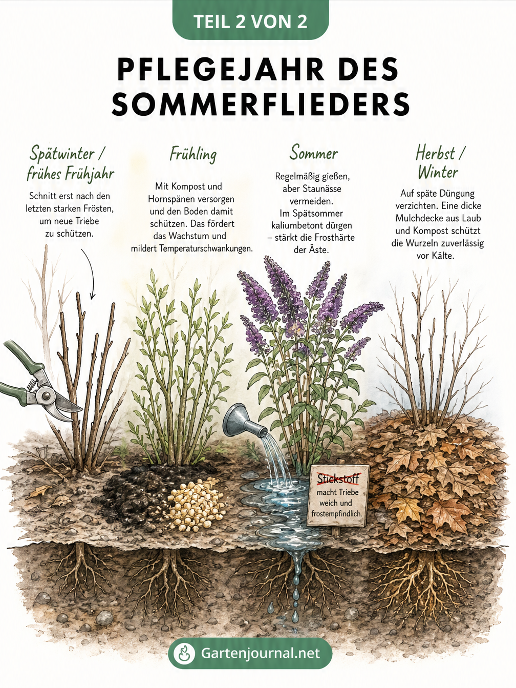 Jahreszeitlicher Pflegezyklus des Sommerflieders mit Rückschnitt im Spätwinter, Düngung im Frühjahr, Gießen im Sommer und Mulchen als Winterschutz.