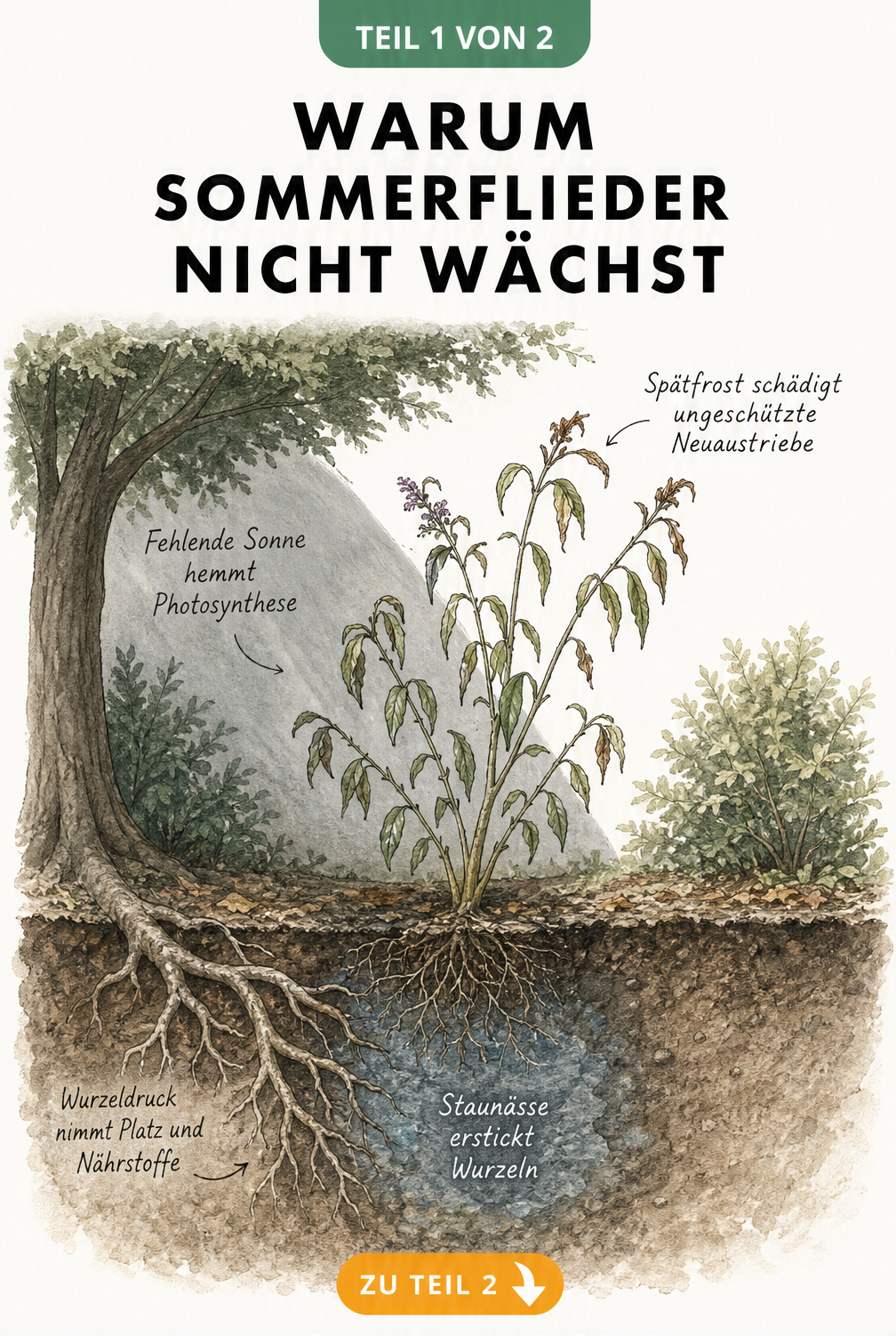 Querschnitt eines Gartenbeets mit einem kümmerlich wachsenden Sommerflieder, der durch Schatten, Spätfrost, Wurzeldruck und Staunässe im Wachstum gehemmt wird.