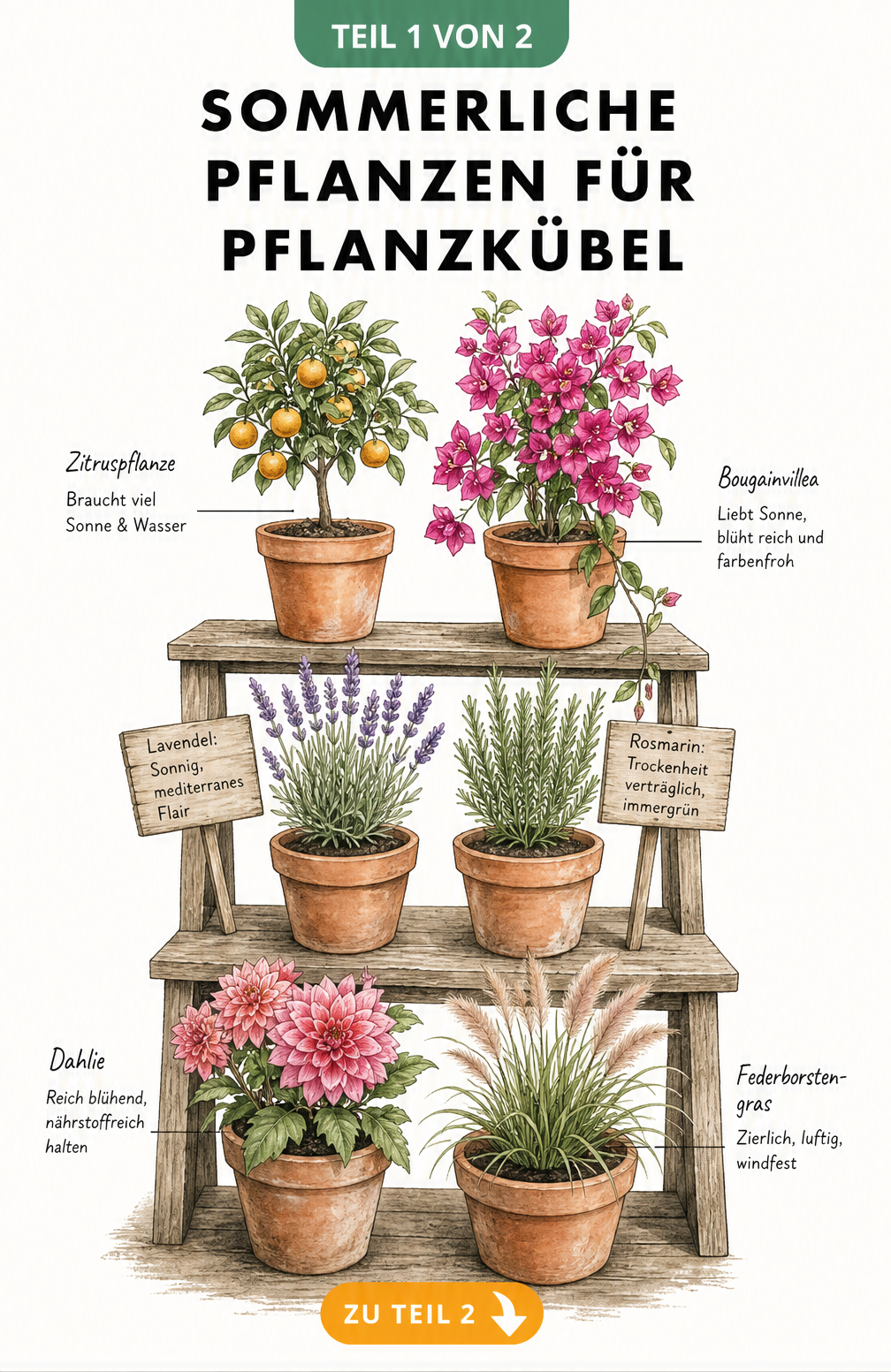 Illustration einer Holz-Pflanztreppe mit sommerlichen Kübelpflanzen wie Zitrusbäumchen, Bougainvillea, Lavendel, Rosmarin, Dahlie und Federborstengras