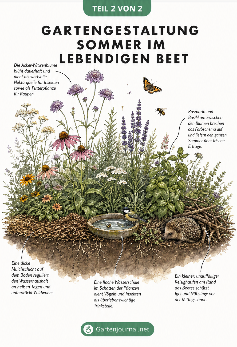 Botanischer Querschnitt eines sommerlichen Gartenbeets mit Mulchschicht, Acker-Witwenblume und Kräutern