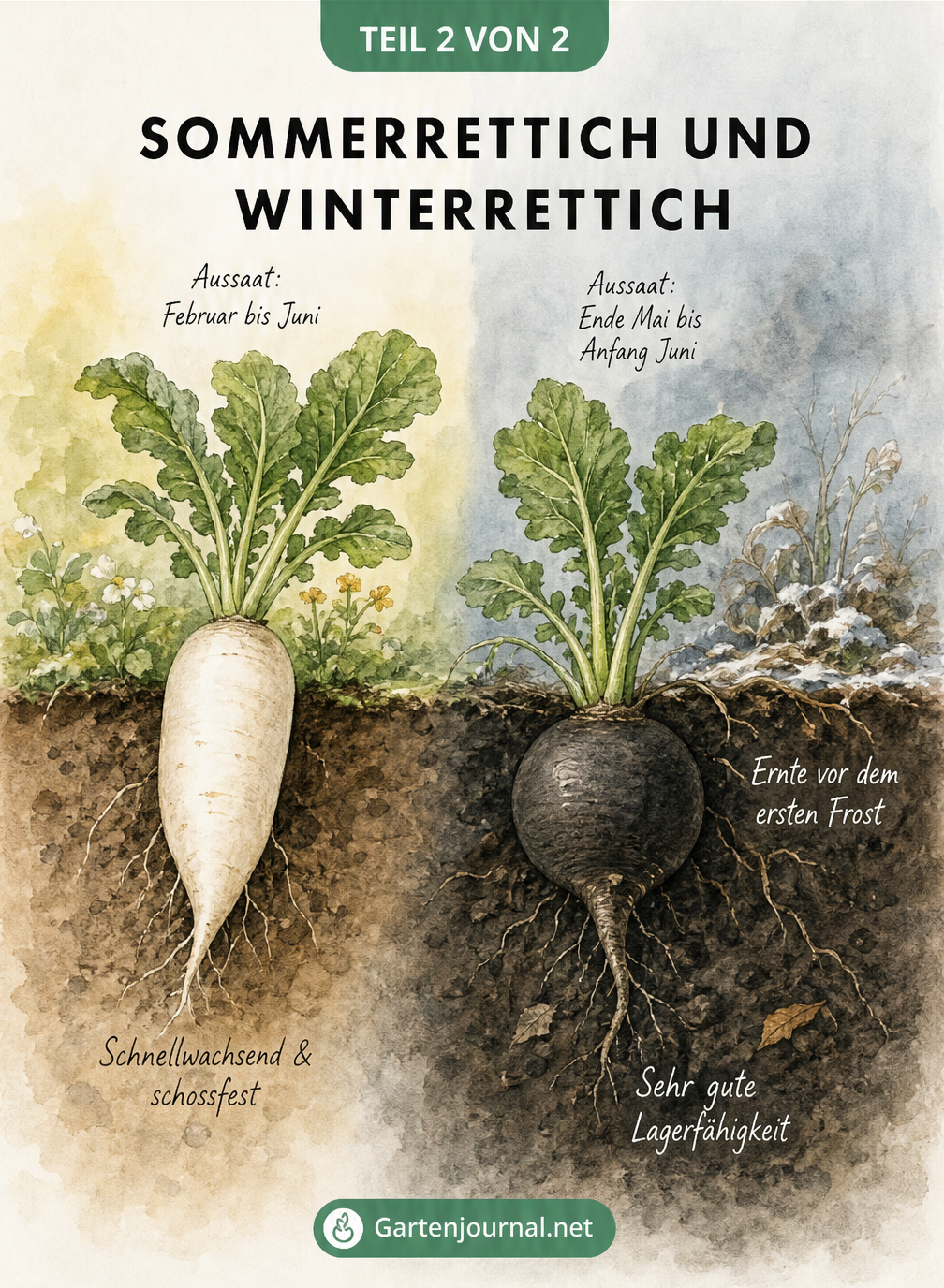 Querschnitt eines Gartenbeets mit Sommerrettich und Winterrettich im Vergleich