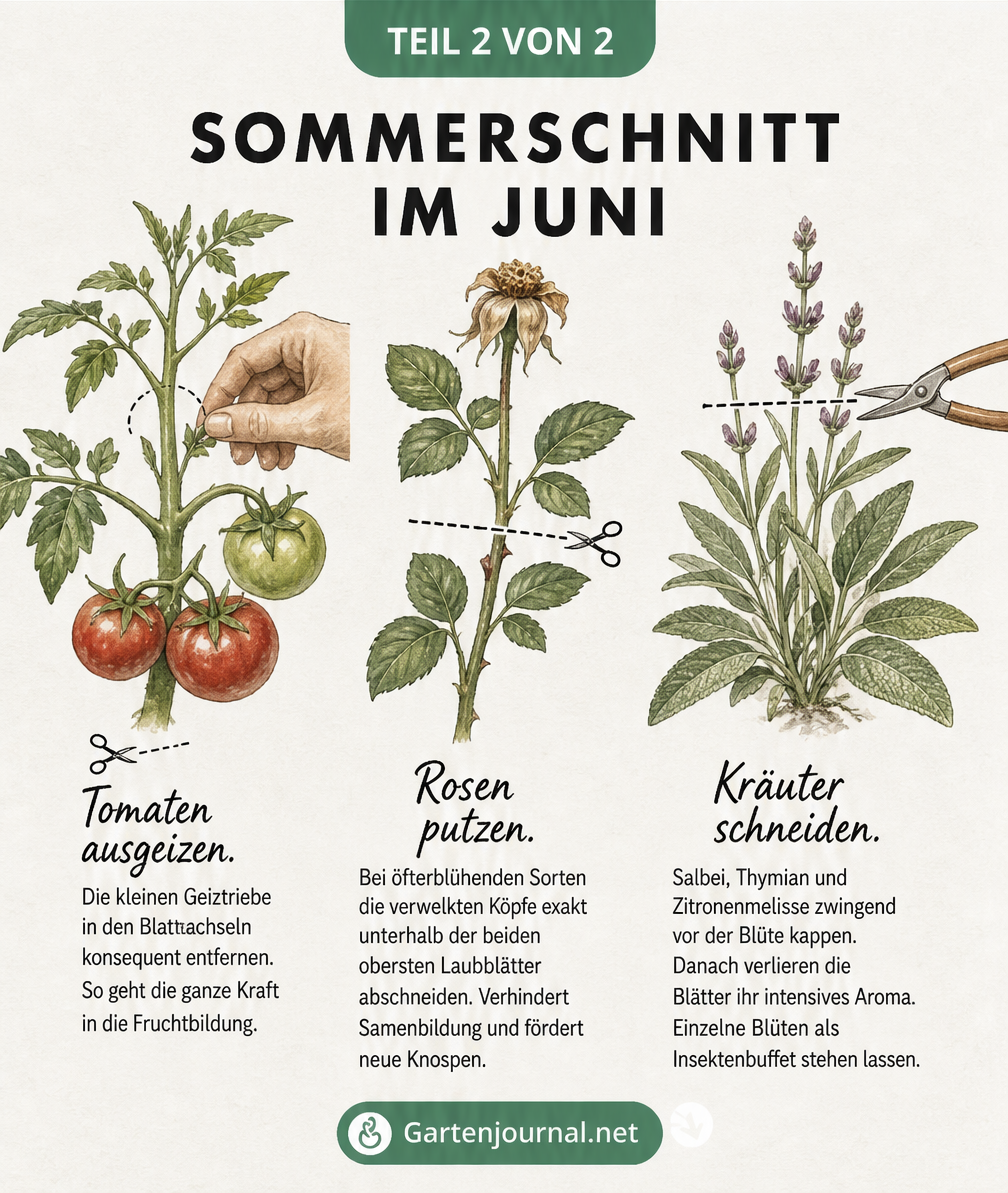 Botanische Illustrationen von Tomate, Rose und Salbei mit Markierungen für den Sommerschnitt