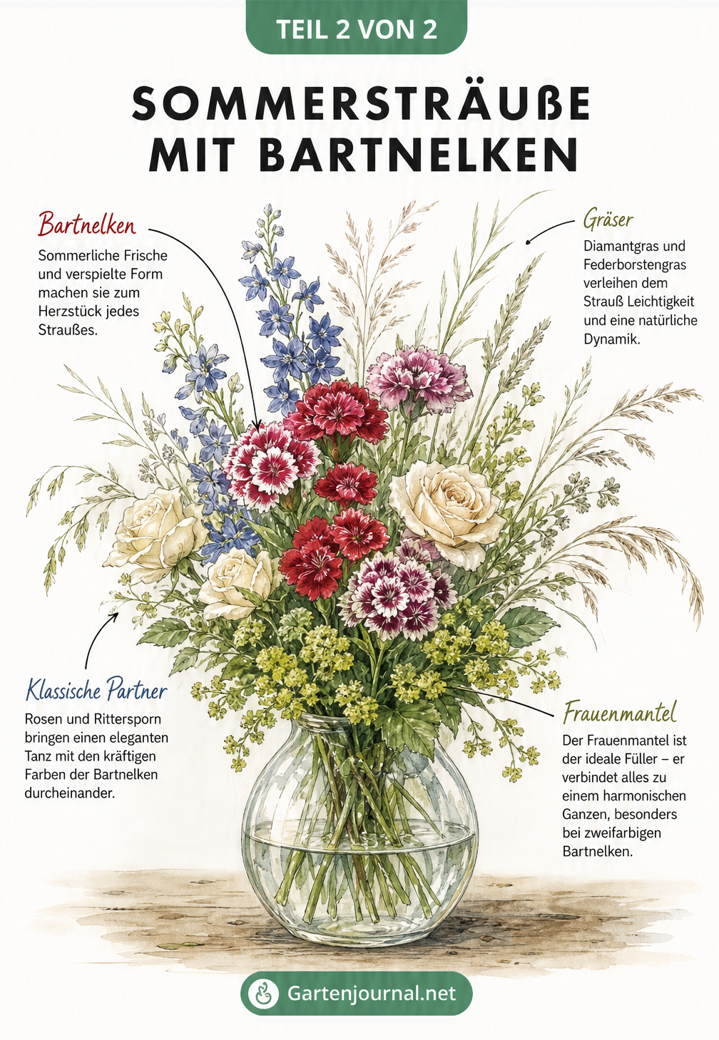 Skizze eines Sommerstraußes in einer Glasvase mit Bartnelken, Rosen, Rittersporn, Frauenmantel und Gräsern.