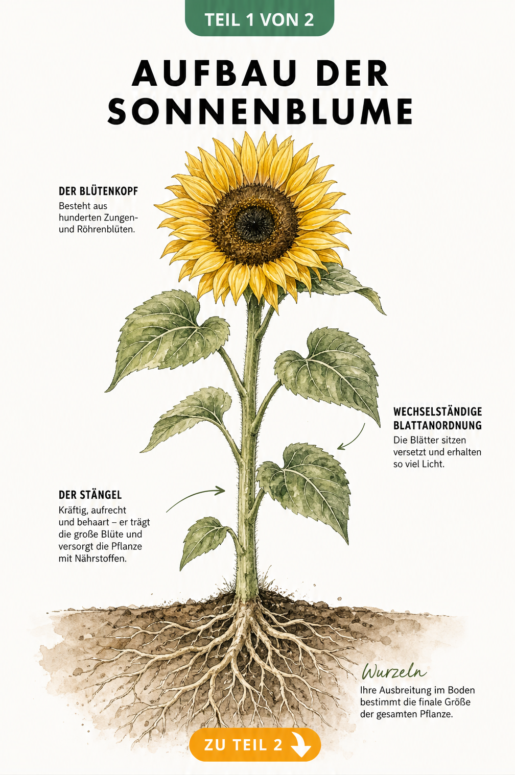 Botanische Illustration einer Sonnenblume mit Wurzeln, behaartem Stamm, herzförmigen Blättern und Blütenkopf