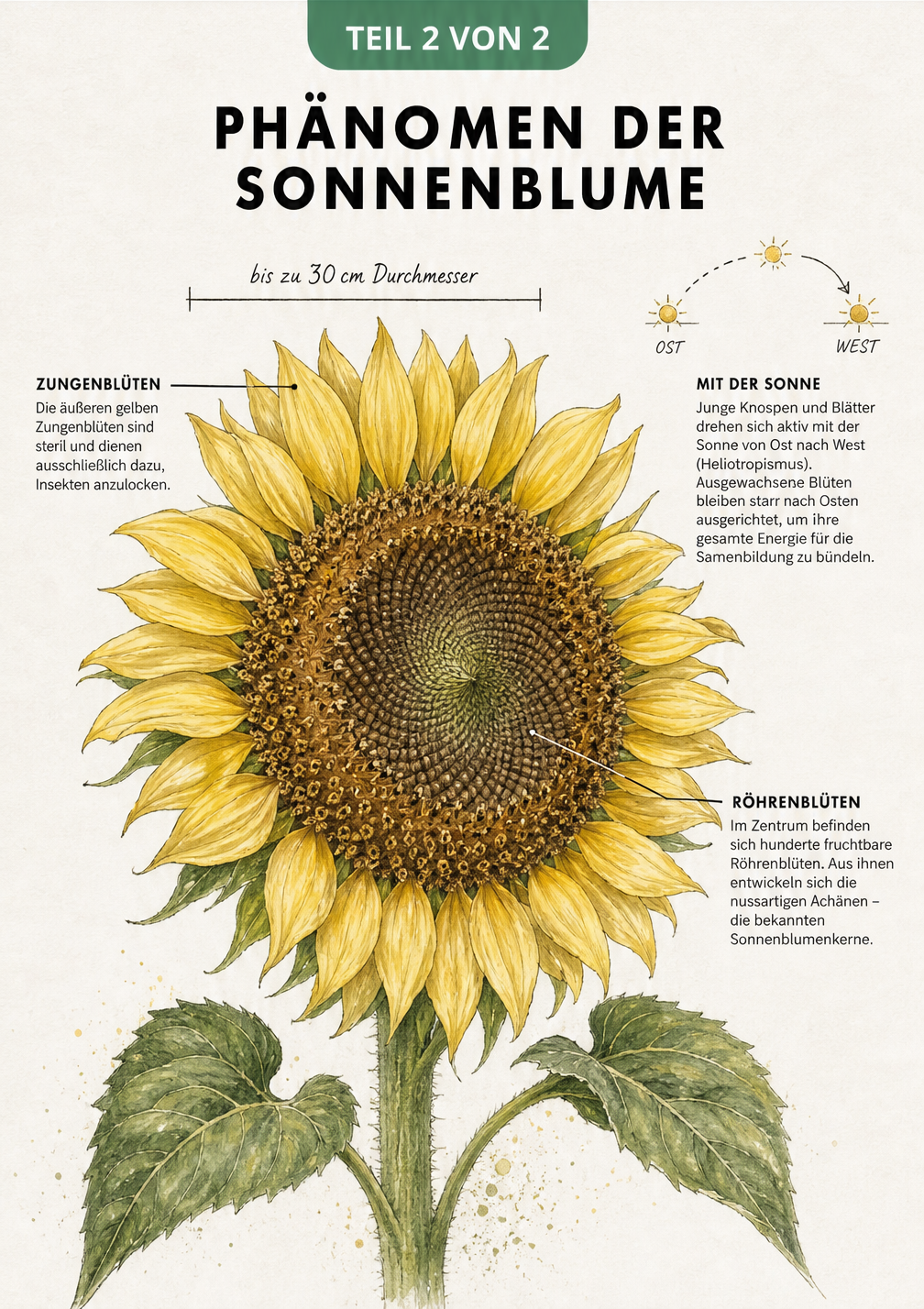 Detaillierte Illustration eines Sonnenblumenkopfes mit Erklärung von Zungenblüten, Röhrenblüten und Heliotropismus