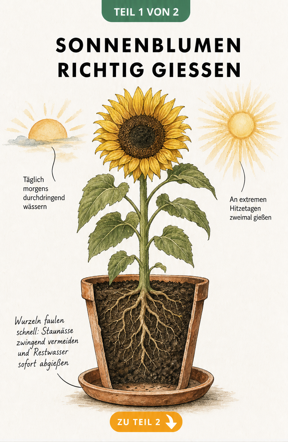 Illustration einer Sonnenblume im Topf mit Wurzelquerschnitt, die zeigt, dass man morgens durchdringend gießen und Staunässe vermeiden soll.