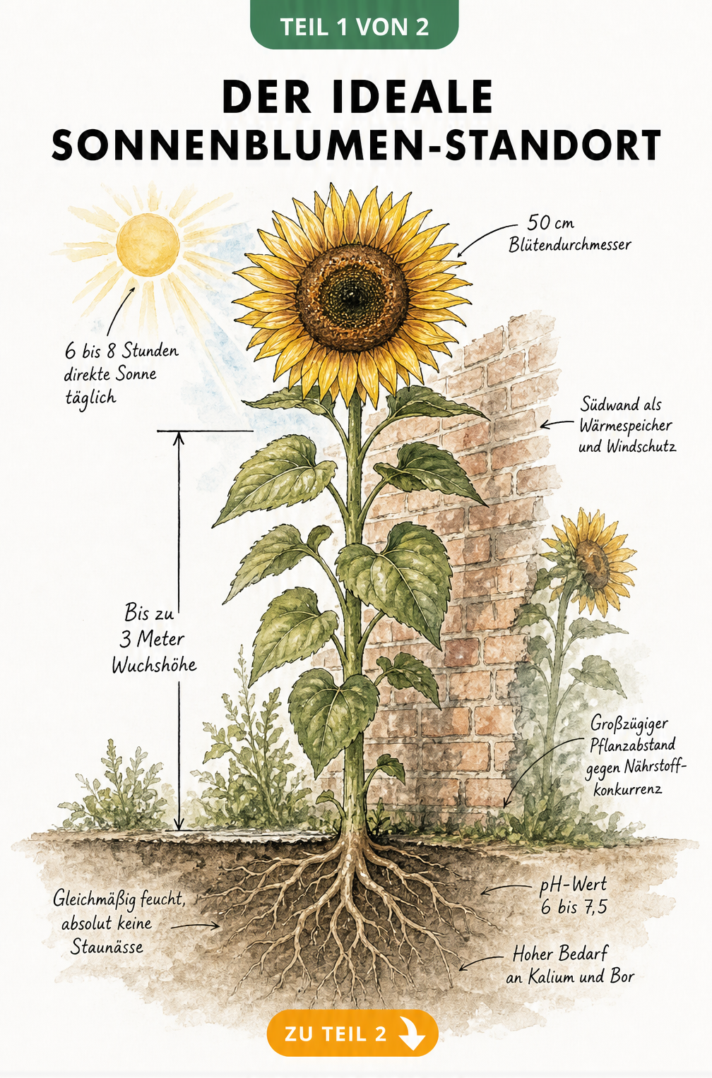 Botanische Skizze einer Sonnenblume mit Angaben zu Wuchshöhe, Sonnenbedarf und Bodenbeschaffenheit