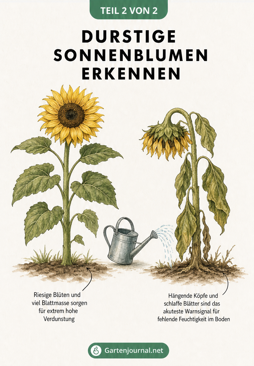 Vergleich zweier Sonnenblumen: Eine vitale Pflanze mit aufrechtem Kopf und eine welke Pflanze mit hängendem Kopf als Zeichen für Wassermangel.