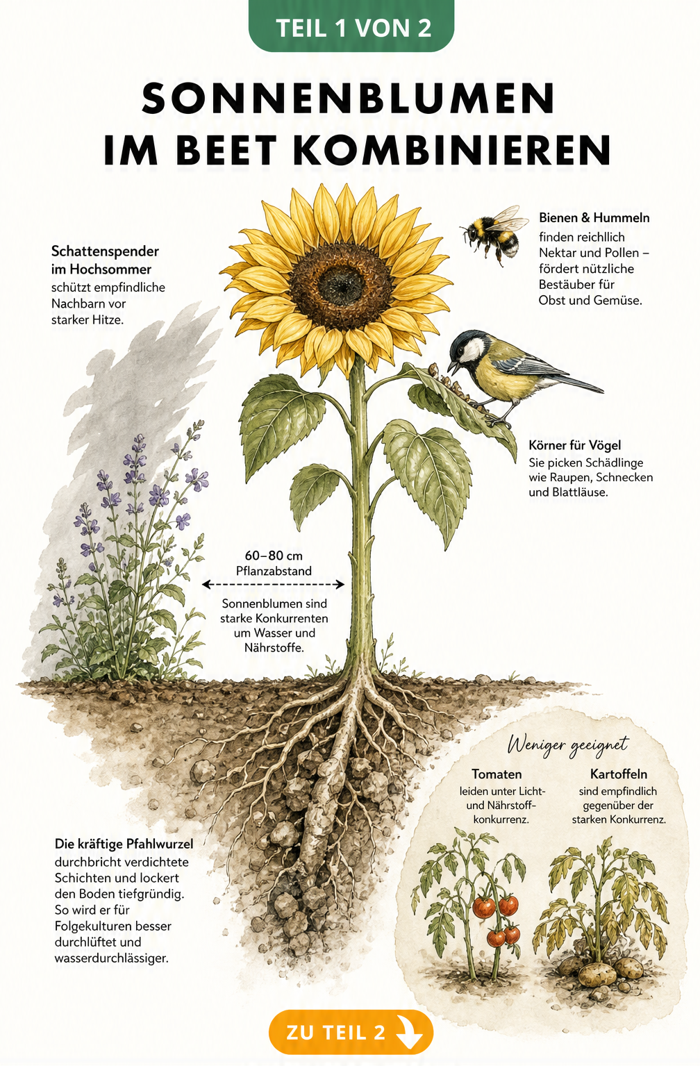 Botanische Illustration einer Sonnenblume im Querschnitt, die Bodenverbesserung, Nützlingsförderung und Pflanzabstände im Beet zeigt.