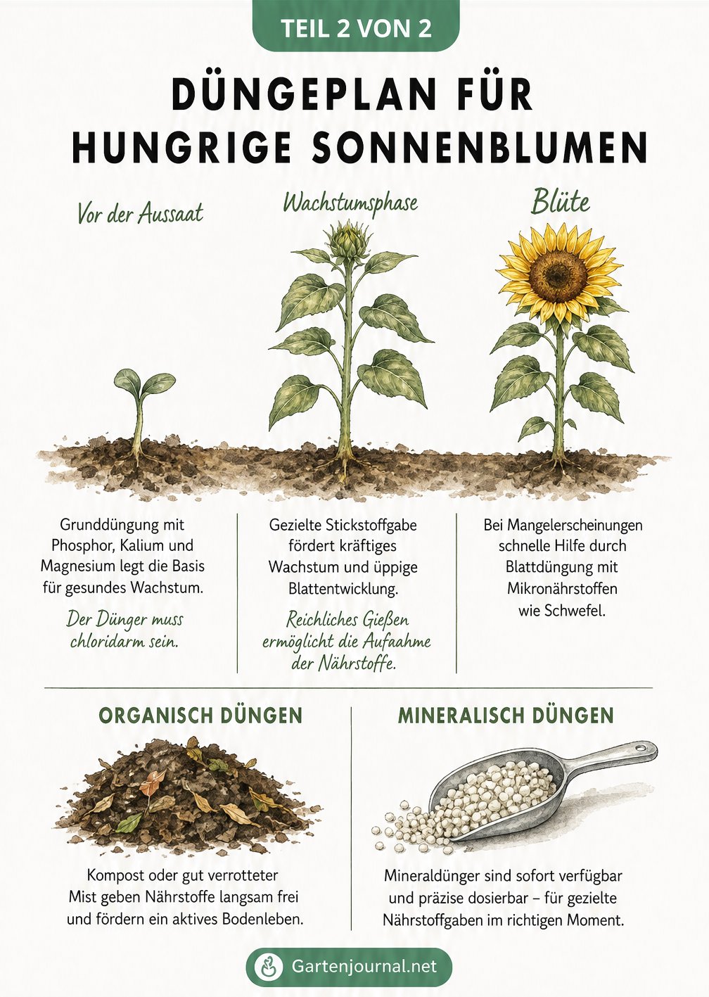 Düngeplan für Sonnenblumen in drei Wachstumsphasen mit Vergleich von organischem Kompost und mineralischem Granulat