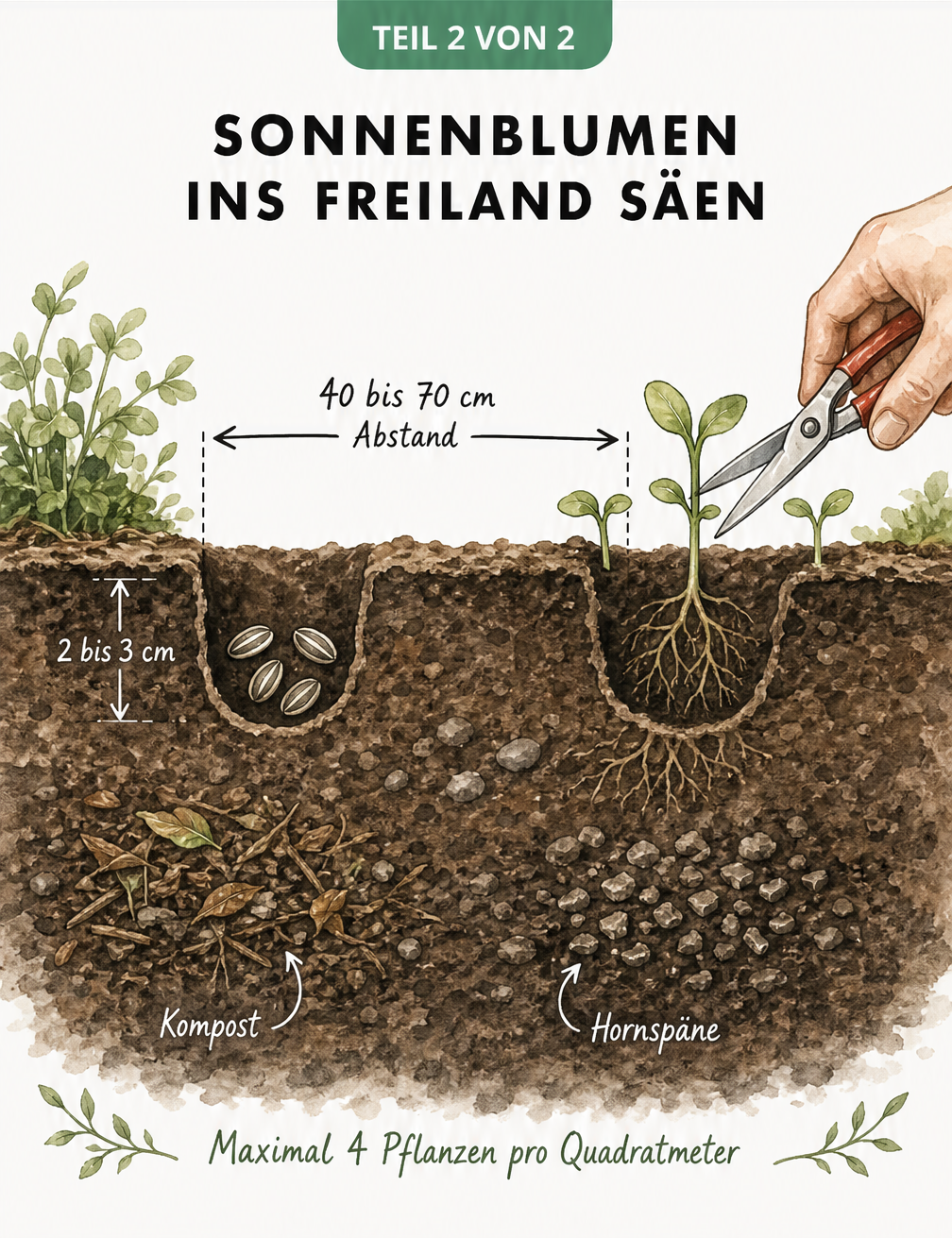 Querschnittszeichnung eines Gartenbeets, die den Pflanzabstand von 40 bis 70 cm und die Saattiefe von 2 bis 3 cm für Sonnenblumen zeigt.