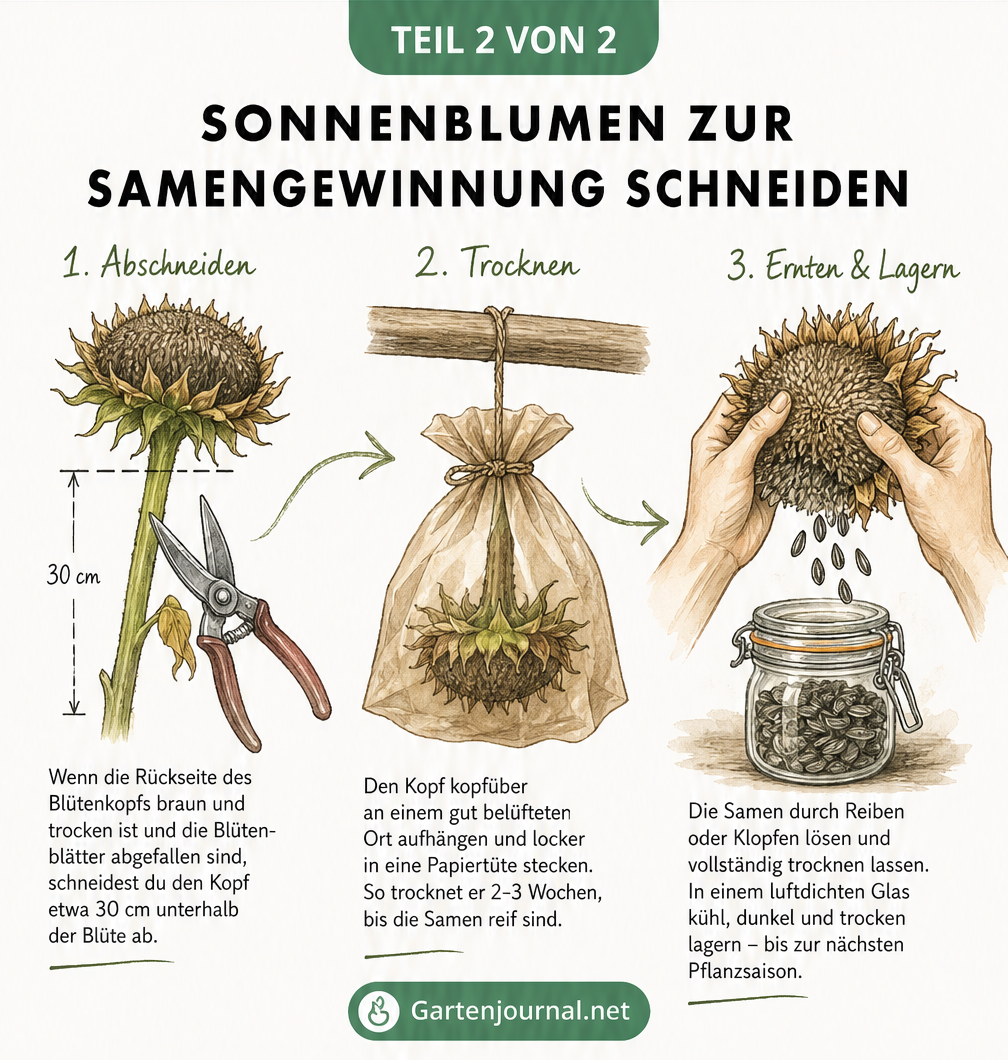 Illustration einer reifen Sonnenblume im Garten, die zum Trocknen kopfüber aufgehängt wird, um später die Kerne zu ernten.