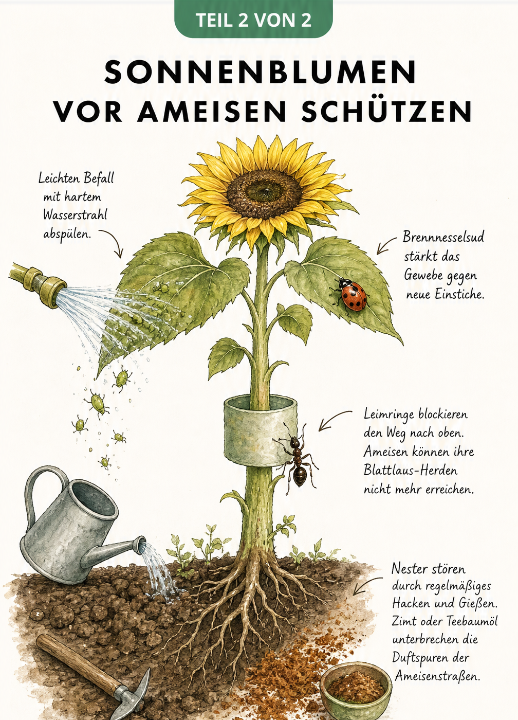 Skizze einer Sonnenblume mit Schutzmaßnahmen gegen Ameisen und Blattläuse wie Leimringe, Wasserstrahl und Bodenhacken