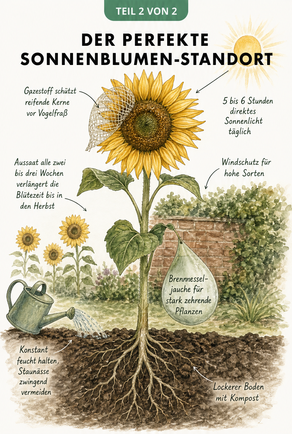 Illustration einer ausgewachsenen Sonnenblume mit Tipps zum perfekten Standort, Bodenbeschaffenheit und Pflege.
