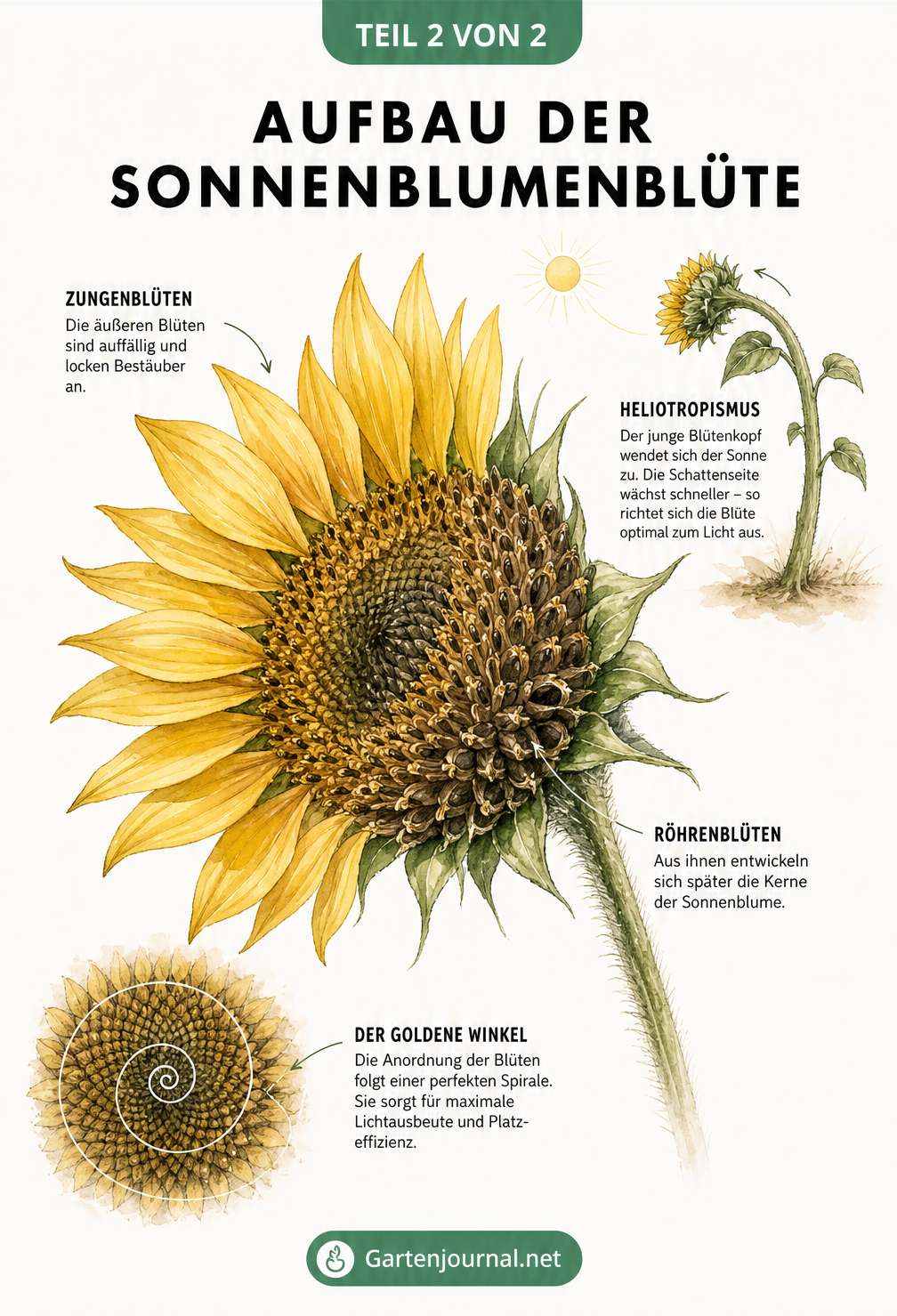 Nahaufnahme einer Sonnenblumenblüte mit Zungenblüten, Röhrenblüten und Skizzen zu Heliotropismus und goldenem Winkel