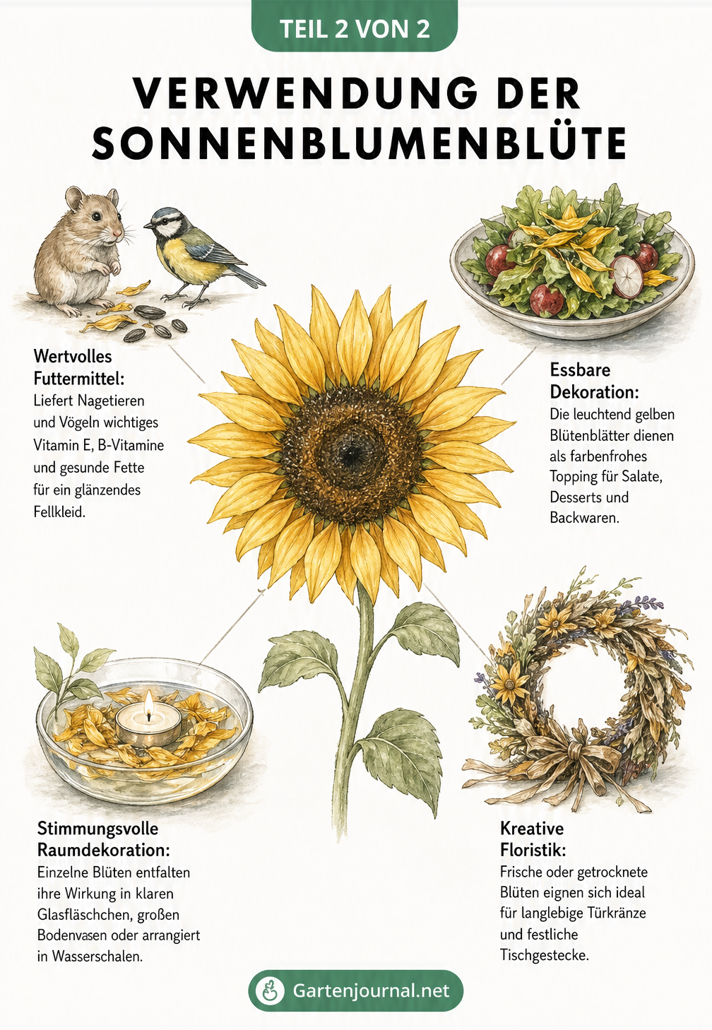 Naturtafel-Illustration mit vier Verwendungsmöglichkeiten für Sonnenblumenblüten: Tierfutter, Salat-Topping, Raumdeko und Floristik