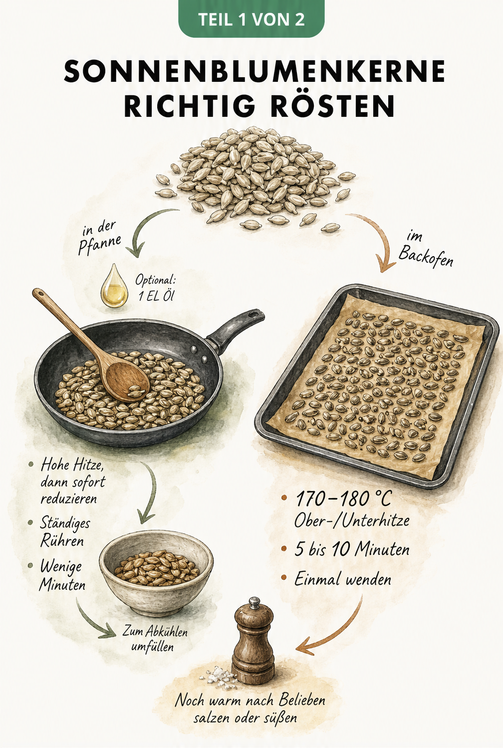 Illustration der zwei Methoden zum Rösten geschälter Sonnenblumenkerne in Pfanne und Backofen