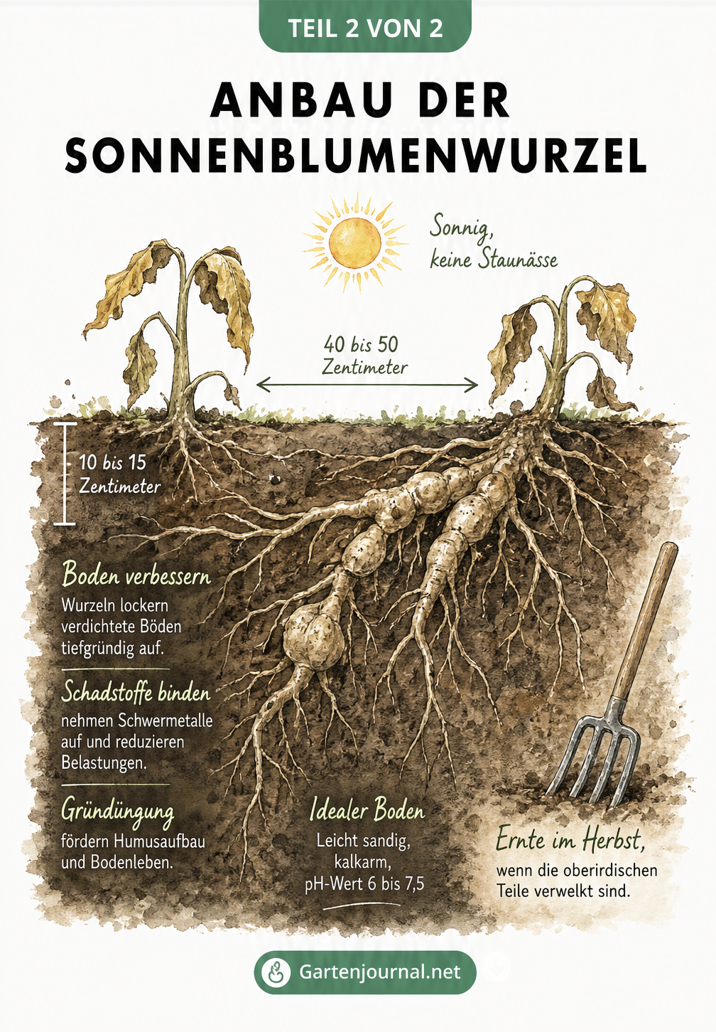 Erdschnitt-Illustration zum Anbau der Sonnenblumenwurzel mit Pflanztiefe, Standortbedingungen und Erntehinweisen
