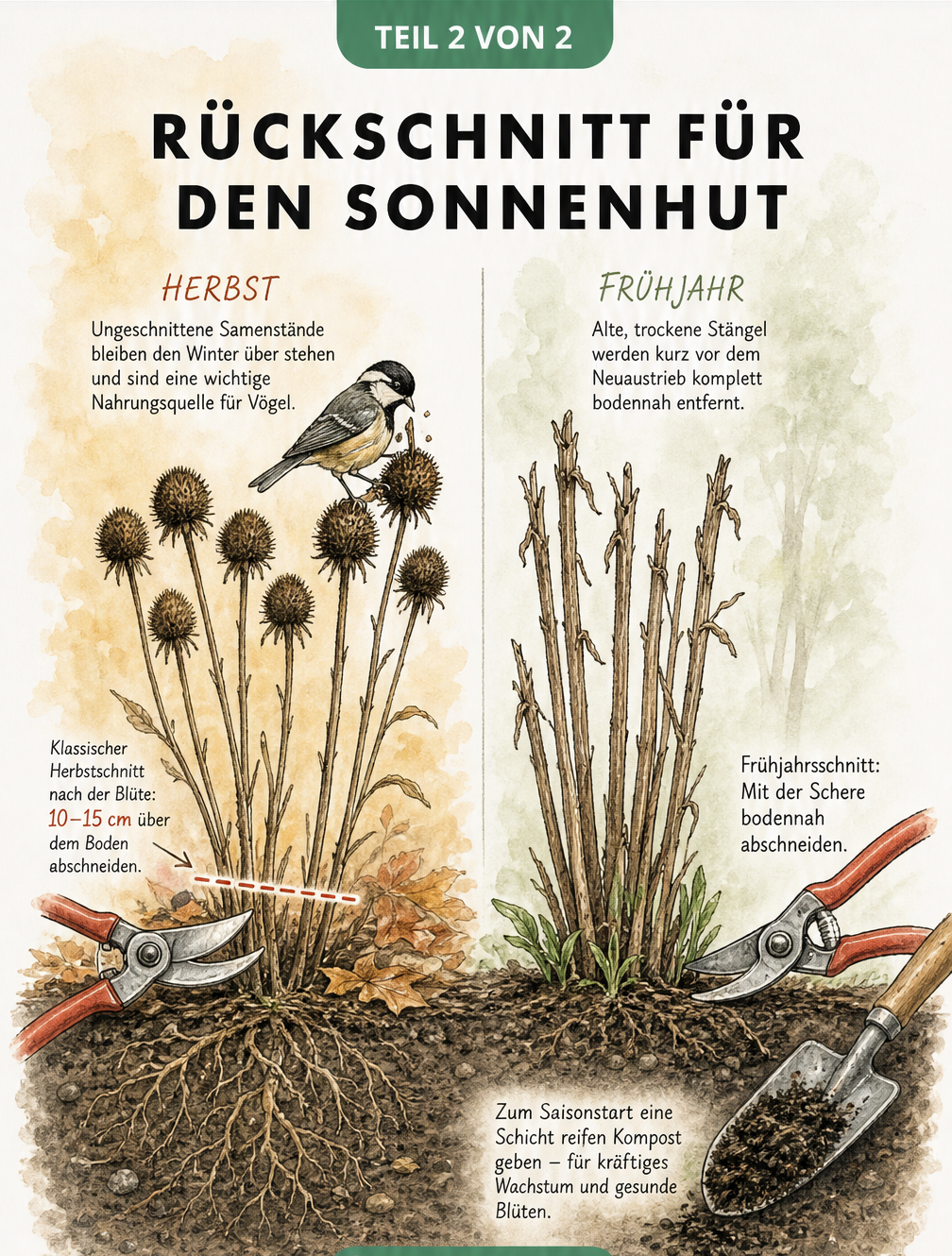 Zweigeteilte Illustration zum Rückschnitt des Sonnenhuts: Herbstschnitt für Vögel und bodennaher Frühjahrsschnitt