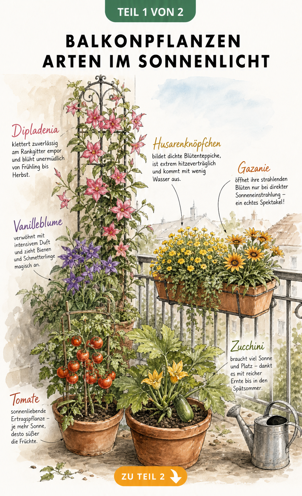 Illustration einer sonnigen Balkonecke mit Husarenknöpfchen, Gazanie, Dipladenia, Tomaten und Zucchini in Kästen und Kübeln
