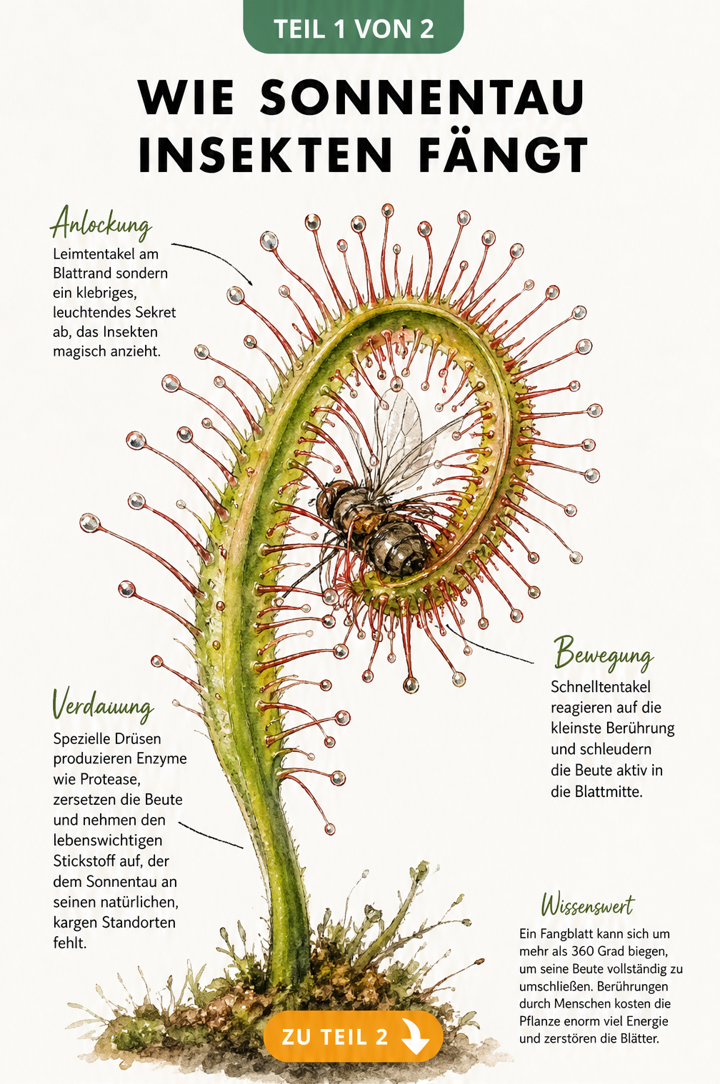 Botanische Illustration eines Sonnentau-Fangblattes, das sich um ein Insekt rollt, mit Erklärungen zu Leimtentakeln und Verdauungsenzymen.
