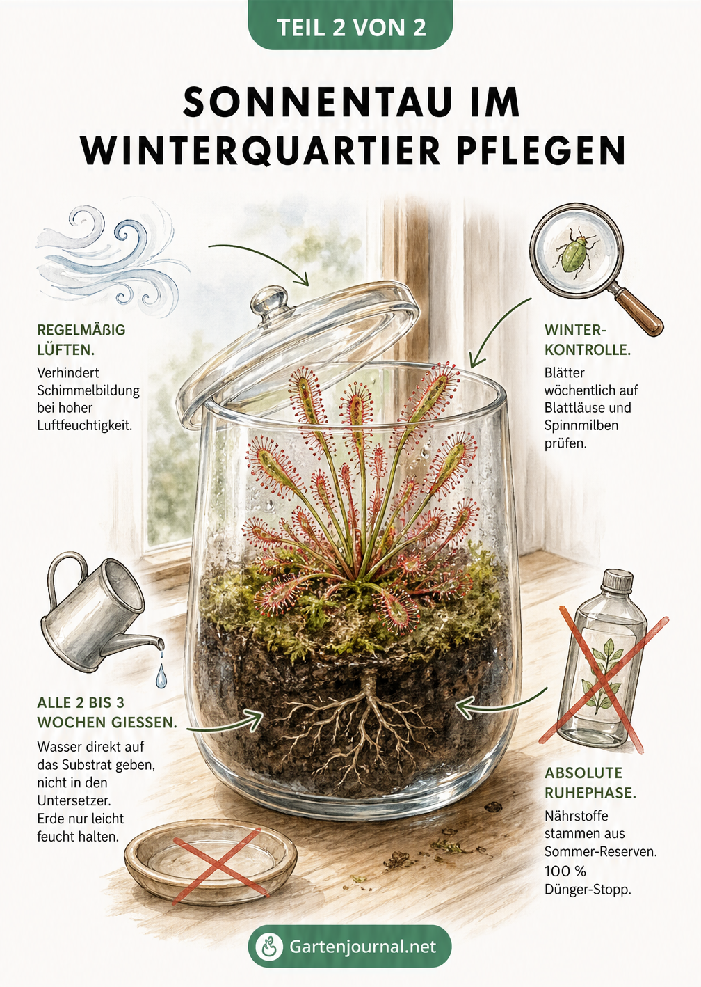 Illustration eines Kap-Sonnentaus im Terrarium mit Pflegetipps für den Winter: Lüften, Schädlingskontrolle, Gießen und Dünger-Stopp