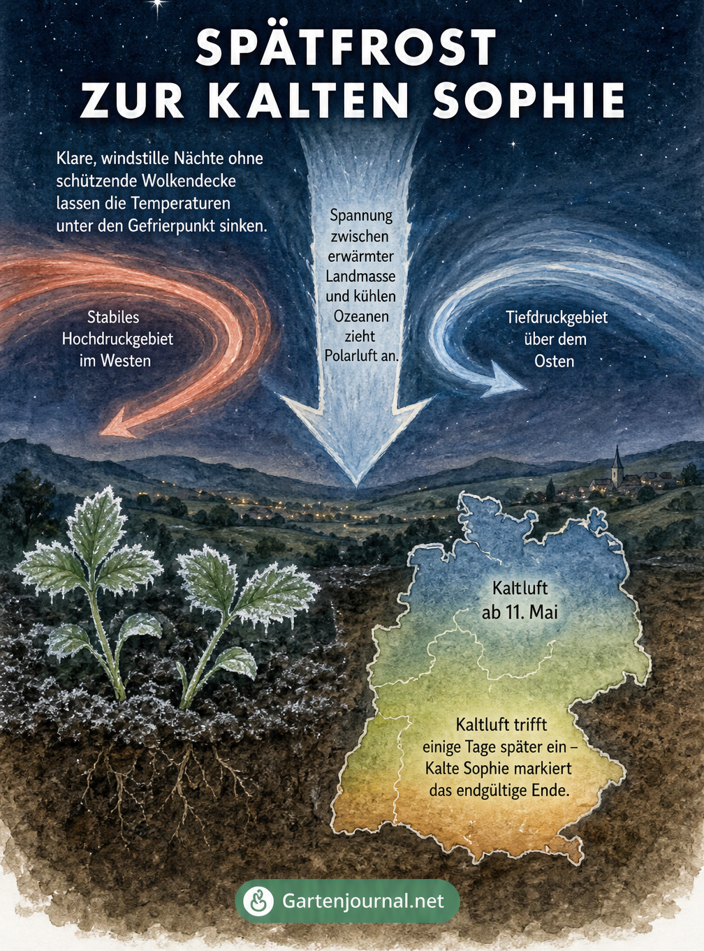 Illustration der Wettermechanik bei Nacht, die zeigt, wie kalte Polarluft nach Mitteleuropa strömt und Spätfrost verursacht.