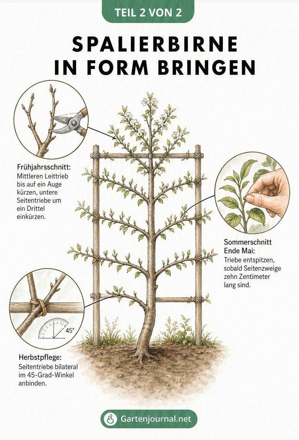 Illustration einer Spalierbirne in Fächerform mit Detailansichten zum Frühjahrsschnitt, Sommerschnitt und zur Herbstpflege
