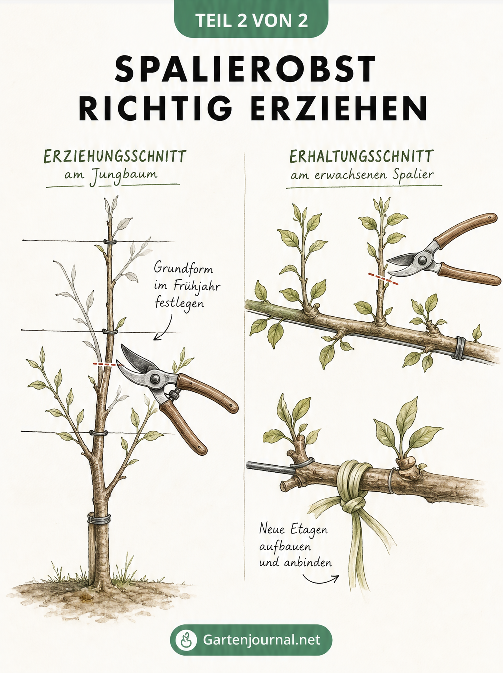 Skizze zum Erziehungsschnitt und Erhaltungsschnitt bei Spalierobst, inklusive Fixierung junger Triebe am Spanndraht.