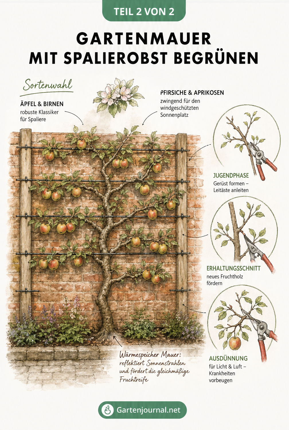 Illustration einer Ziegelmauer mit Spalierobst und Hinweisen zum Baumschnitt