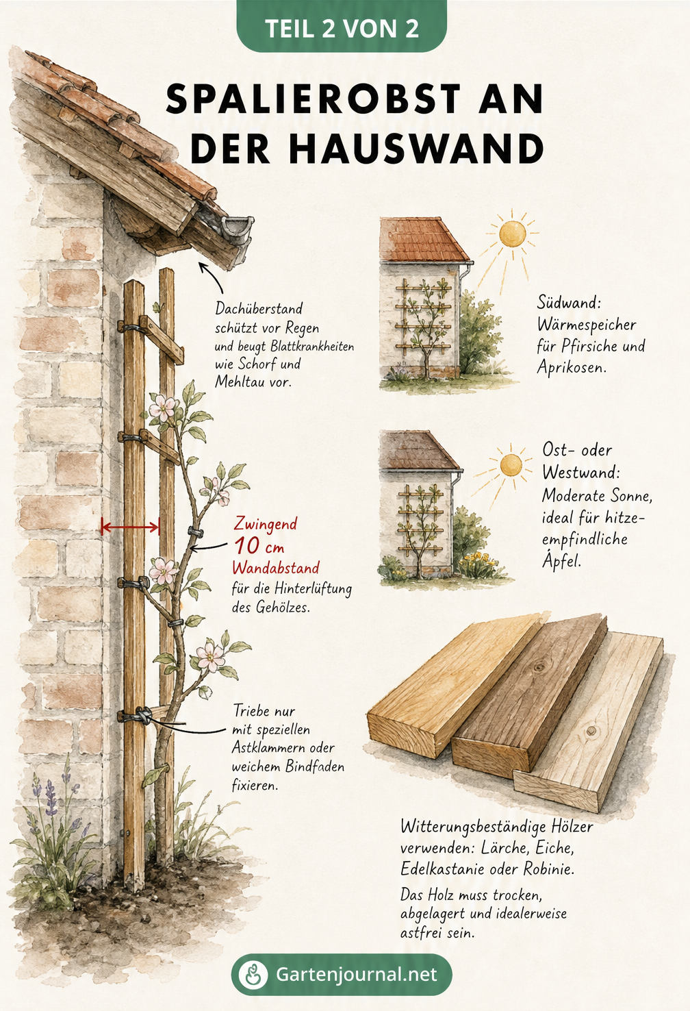Querschnitt einer Hauswand mit Spalierobst-Gerüst, Wandabstand und geeigneten Holzarten
