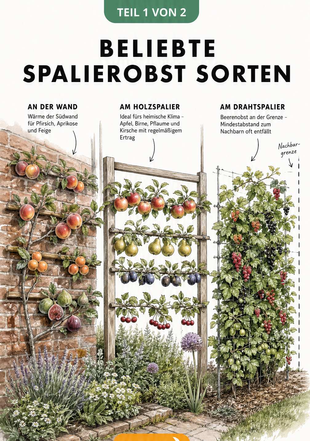 Illustration verschiedener Spalierobst-Sorten an Südwand, Holzspalier und Drahtspalier