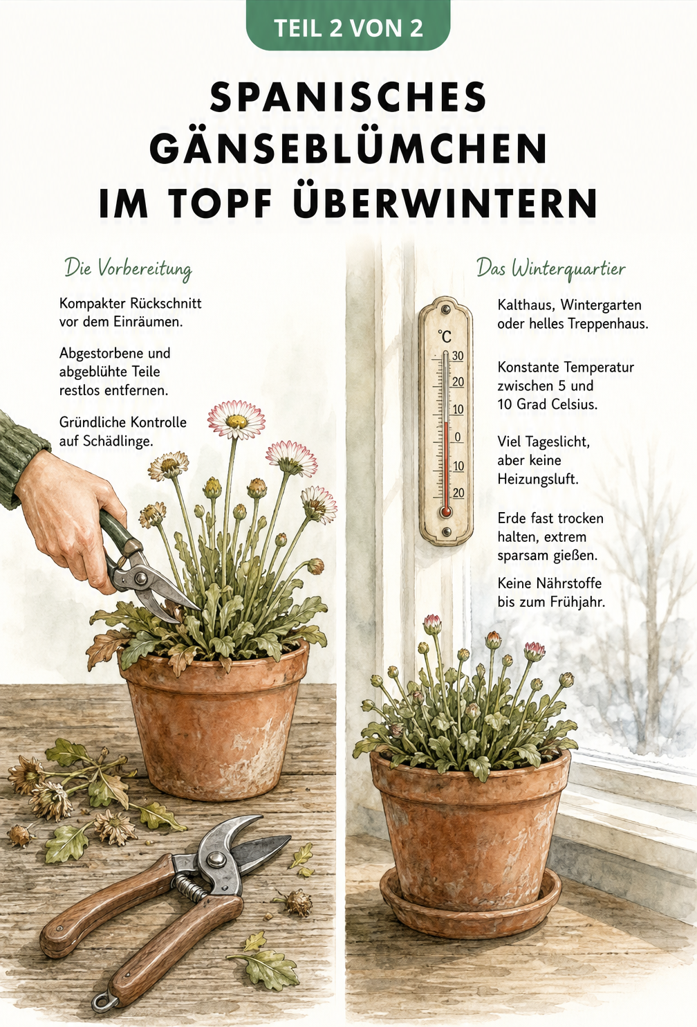 Aquarell-Zeichnung eines Spanischen Gänseblümchens im Topf vor einem hellen Fenster im Winterquartier