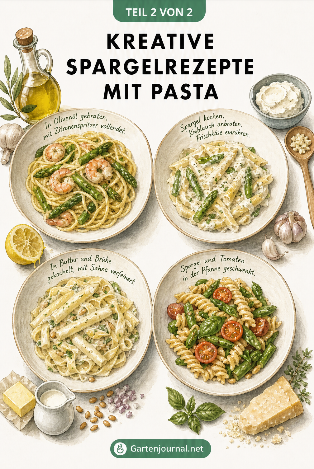 Vier handgezeichnete Pastateller mit kreativen Spargelrezepten und Zutaten
