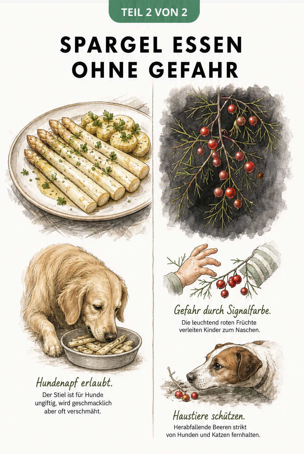 Illustration von Spargel auf einem Teller und einem Zweig mit roten Spargelbeeren, mit Hinweisen zur Sicherheit für Hunde und Kinder.