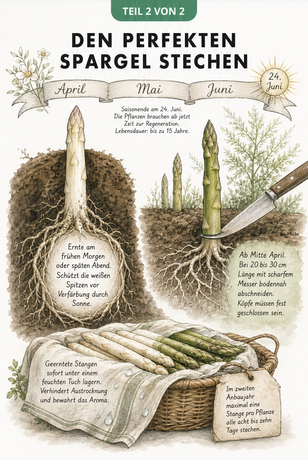 Vergleich der Erntebedingungen von weißem und grünem Spargel im historischen Gartenjournal-Stil mit Hinweisen zu Erntezeitpunkt und Saisonende.