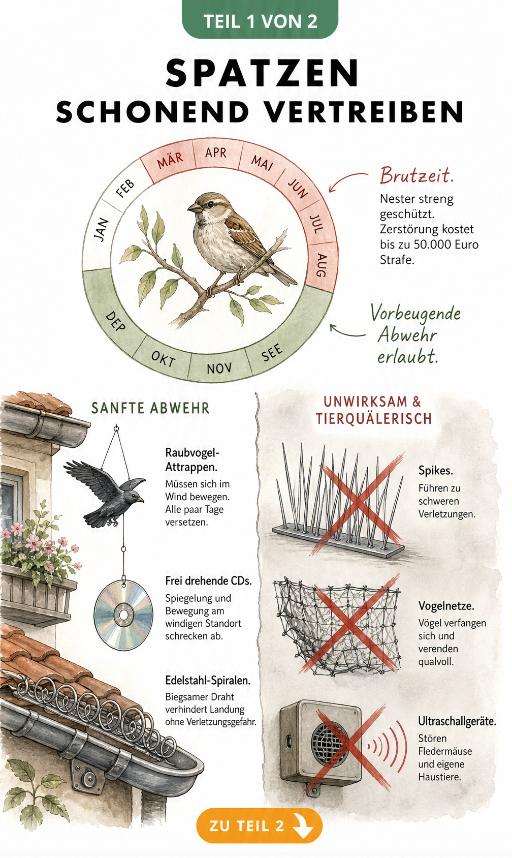 Illustration zur schonenden Spatzenabwehr mit Jahreskalender der Brutzeit und sanften Methoden wie Rabenattrappen und CDs im Vergleich zu verbotenen Spikes und...