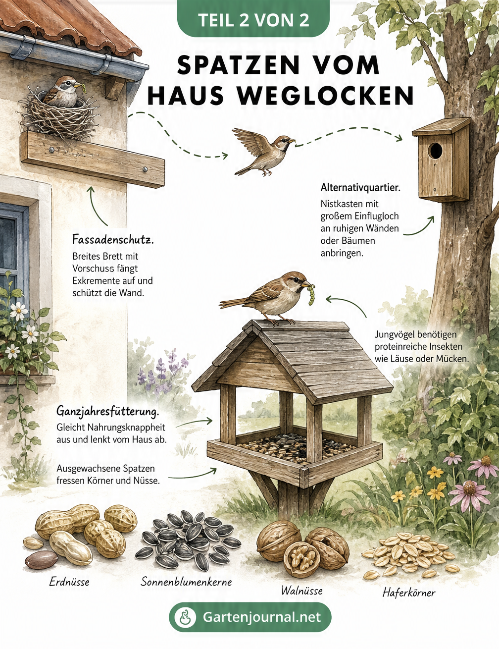 Zeichnung eines Hauses mit Fassadenschutz und einem Garten mit Nistkasten und Futterhaus für Spatzen