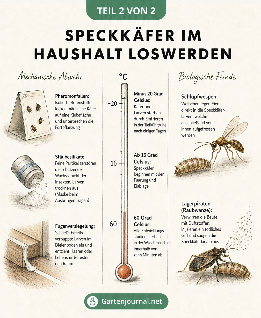 Übersicht zur Bekämpfung von Speckkäfern durch Temperatur, mechanische Abwehr und biologische Feinde