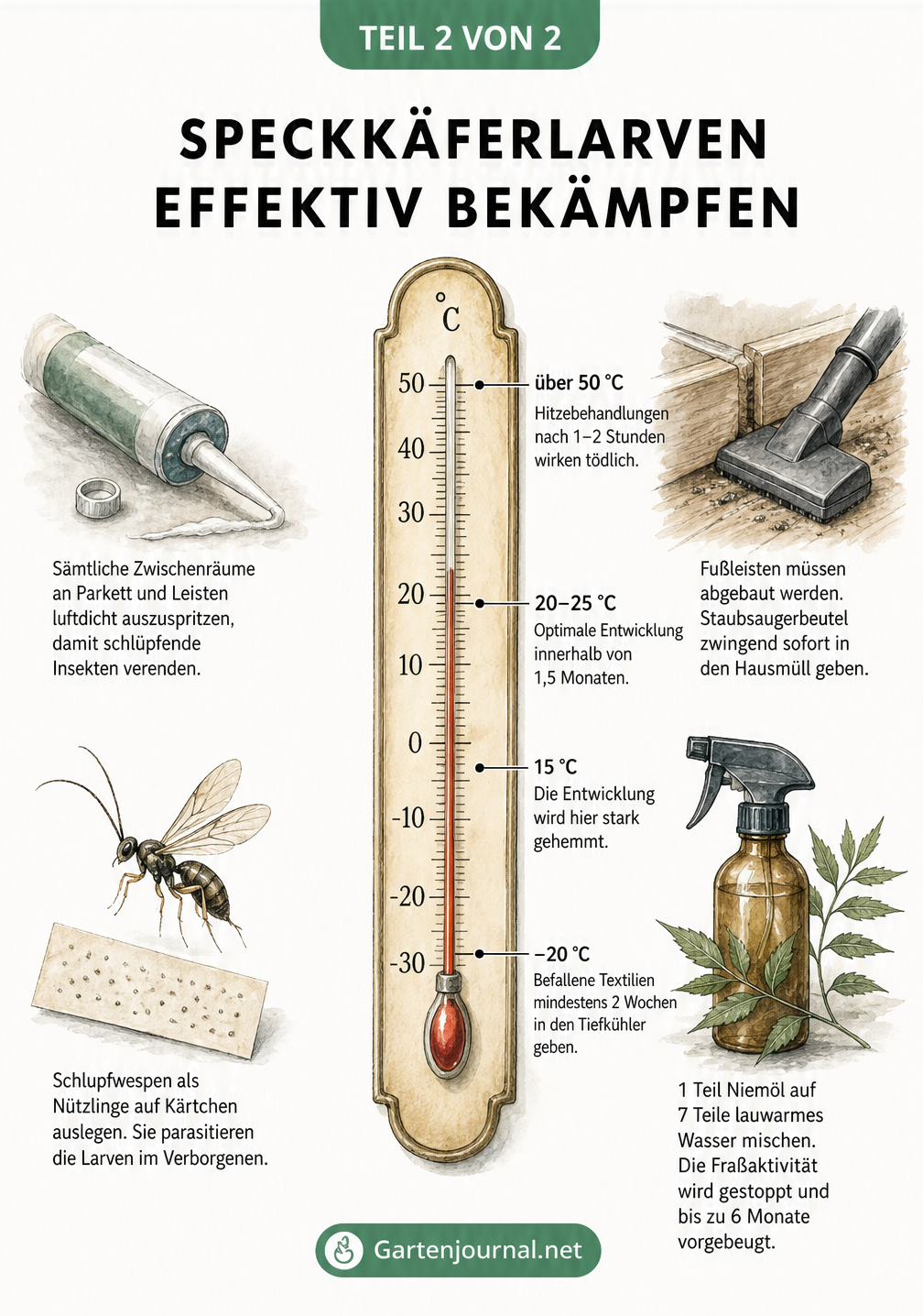 Illustration zur Bekämpfung von Speckkäferlarven mit Hitze, Kälte, Staubsauger und Niemöl
