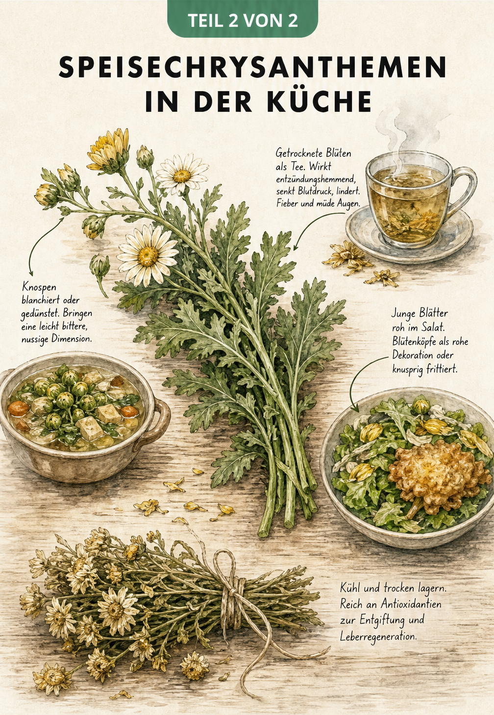 Illustration verschiedener Zubereitungsarten von Speisechrysanthemen wie Tee, Salat und Eintopf