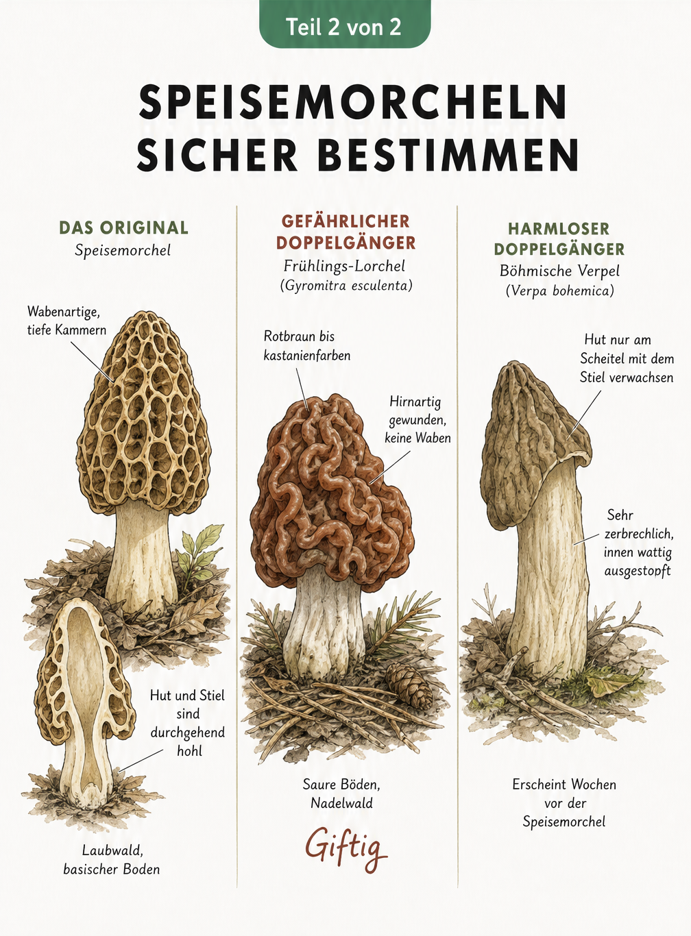 Vergleich von Speisemorchel, giftiger Frühlings-Lorchel und Böhmischer Verpel