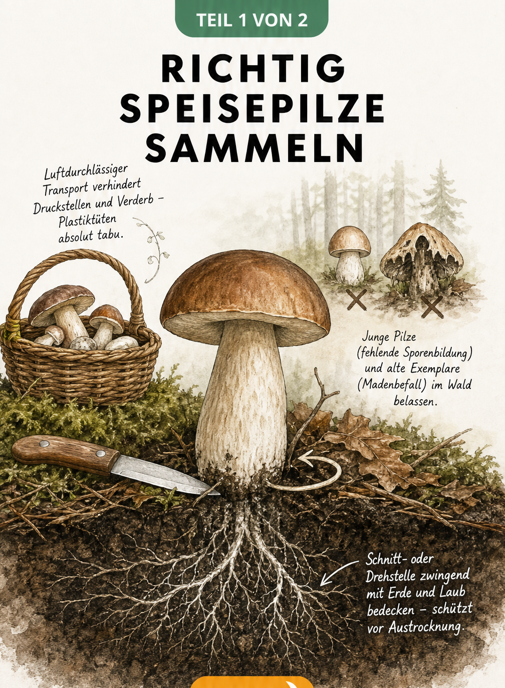 Illustration eines Waldbodens im Querschnitt, die das richtige Abschneiden und Herausdrehen von Speisepilzen sowie den Transport im Weidenkorb zeigt.