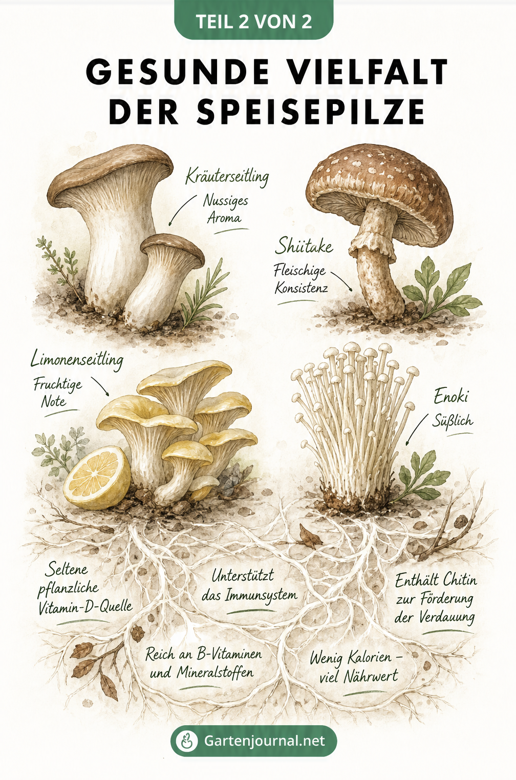 Illustration verschiedener Speisepilze wie Kräuterseitling, Shiitake und Enoki mit ihren Geschmacksprofilen und gesundheitlichen Vorteilen.