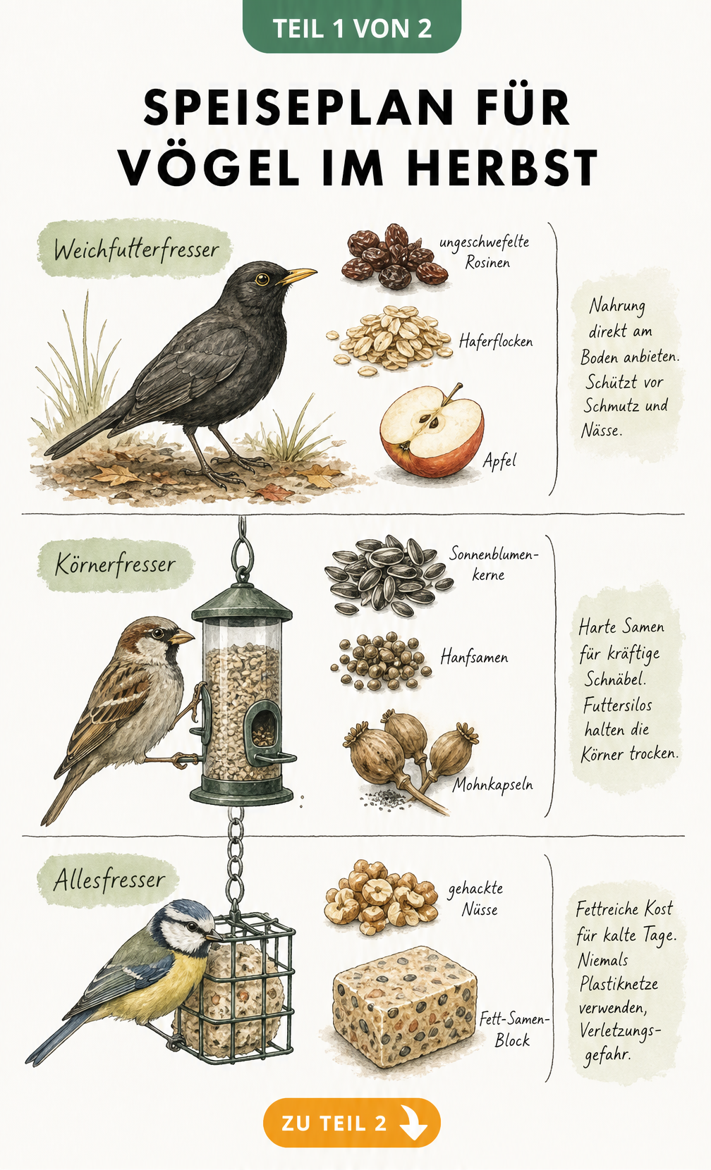 Botanische Tafel mit Speiseplan für Vögel im Herbst, unterteilt in Weichfutterfresser, Körnerfresser und Allesfresser