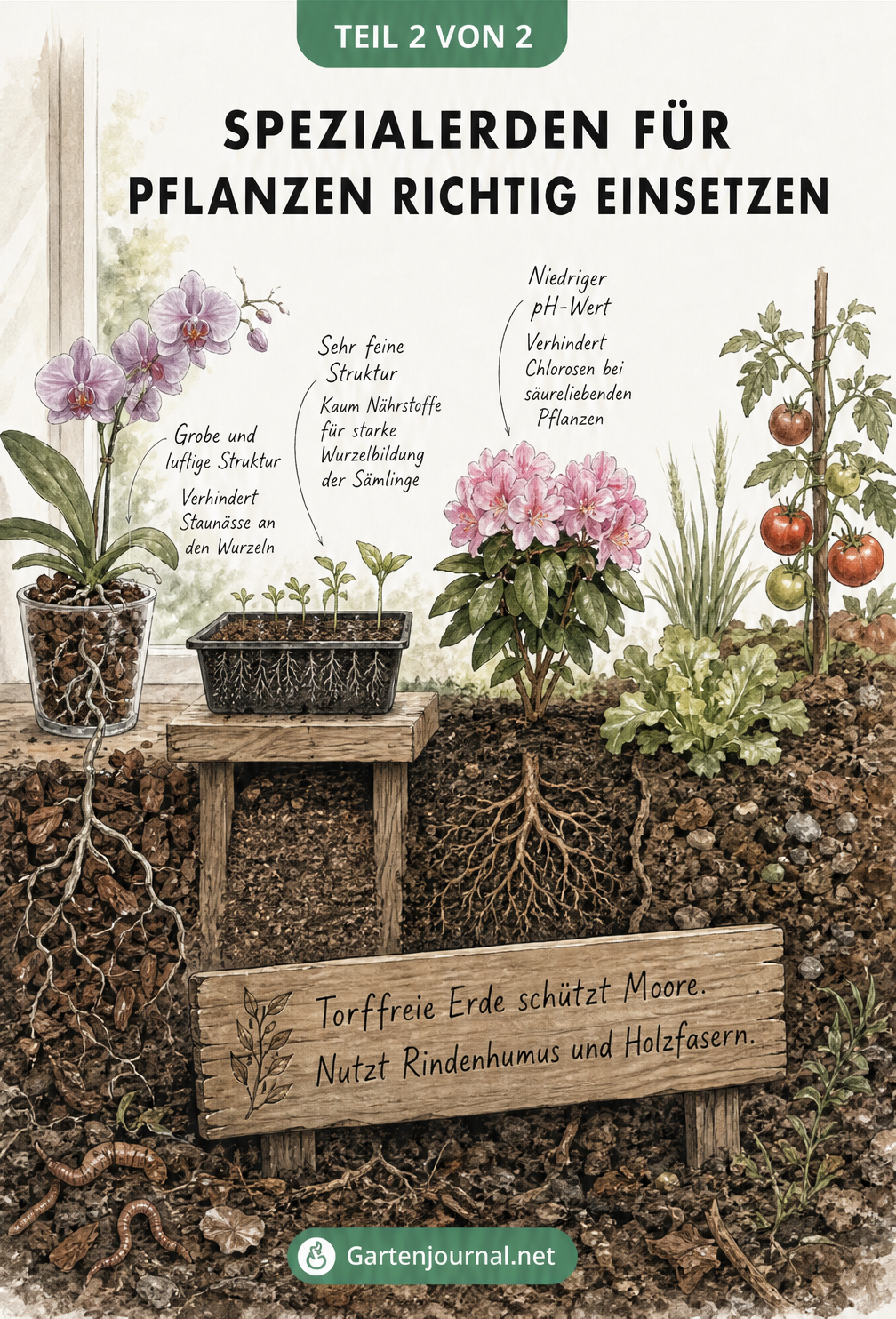 Querschnitt einer Gartenszene, die Spezialerden für Orchideen, Aussaat und Rhododendron zeigt