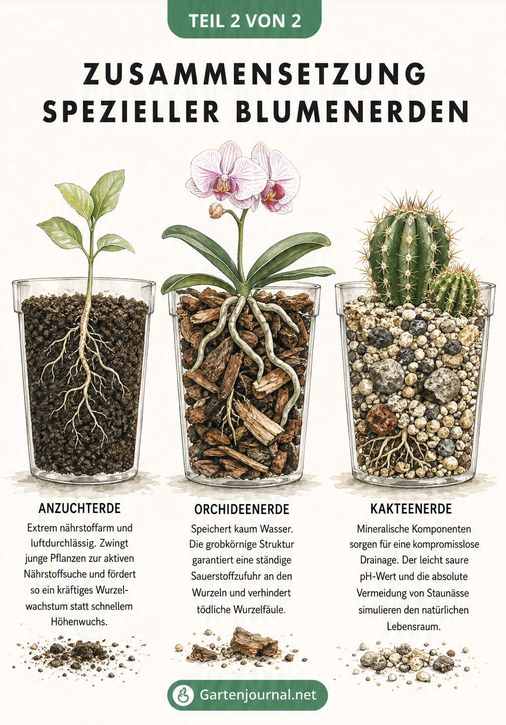 Querschnitt durch drei Pflanztöpfe, die die unterschiedliche Struktur von Anzuchterde, Orchideenerde und Kakteenerde zeigen.