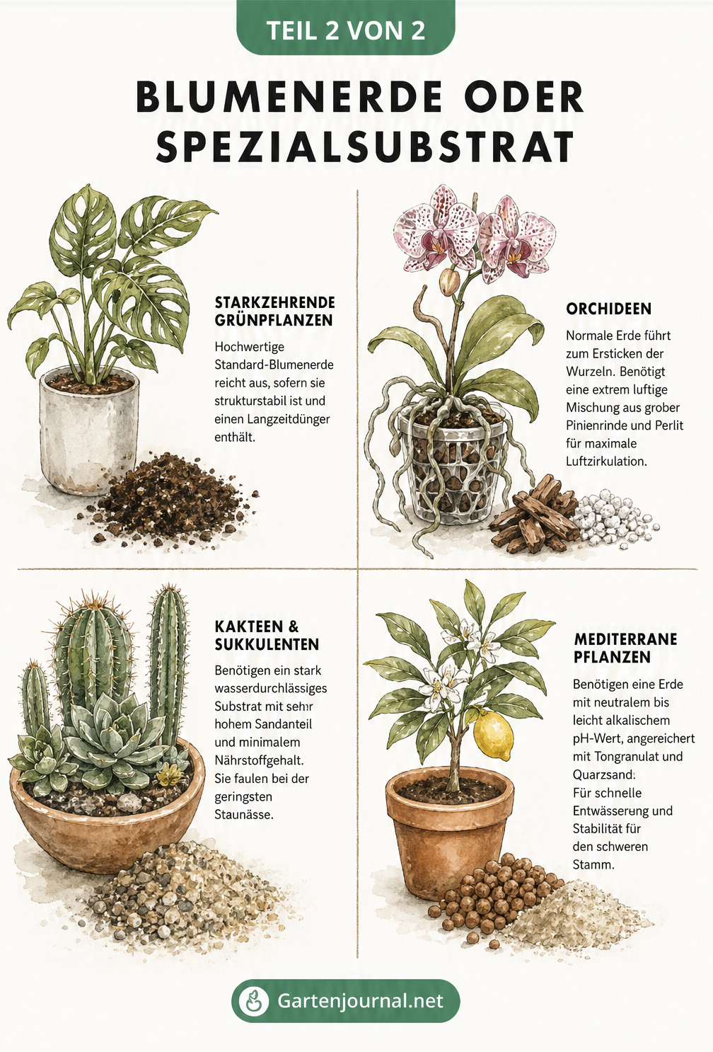 Vier Quadranten mit Illustrationen von Grünpflanzen, Orchideen, Kakteen und Zitronenbäumen sowie deren spezifischen Substratanforderungen